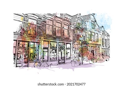 La vista de edificio con el punto de referencia de Gouda es el 
ciudad de los Países Bajos. Salto de color de agua con ilustración de esbozo dibujada a mano en vector.