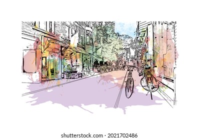 Building view with landmark of Gouda is the 
city in the Netherlands. Watercolor splash with hand drawn sketch illustration in vector.