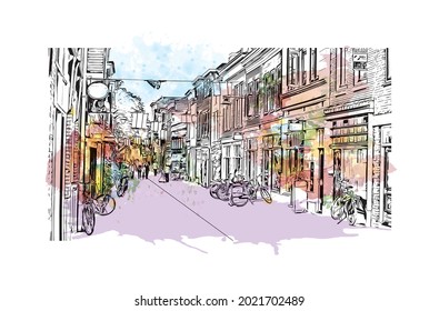 Building view with landmark of Gouda is the 
city in the Netherlands. Watercolor splash with hand drawn sketch illustration in vector.