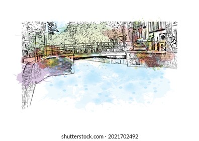Building view with landmark of Gouda is the 
city in the Netherlands. Watercolor splash with hand drawn sketch illustration in vector.