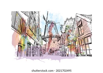 Building view with landmark of Gouda is the 
city in the Netherlands. Watercolor splash with hand drawn sketch illustration in vector.