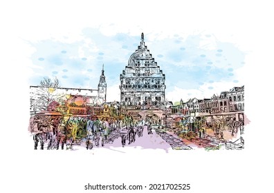 Building view with landmark of Gouda is the 
city in the Netherlands. Watercolor splash with hand drawn sketch illustration in vector.