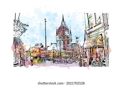 Bausicht mit Wahrzeichen von Gouda ist der 
Stadt in den Niederlanden. Aquarellspritzer mit handgezeichneter Skizzengrafik in Vektorgrafik.