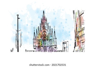 Building view with landmark of Gouda is the 
city in the Netherlands. Watercolor splash with hand drawn sketch illustration in vector.