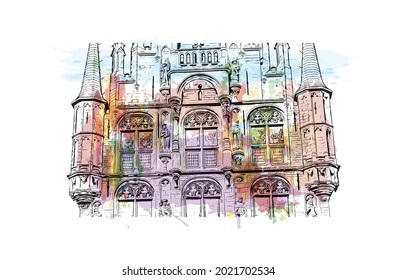 Building view with landmark of Gouda is the 
city in the Netherlands. Watercolor splash with hand drawn sketch illustration in vector.