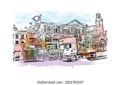 Bausicht mit Wahrzeichen von Gouda ist der 
Stadt in den Niederlanden. Aquarellspritzer mit handgezeichneter Skizzengrafik in Vektorgrafik.