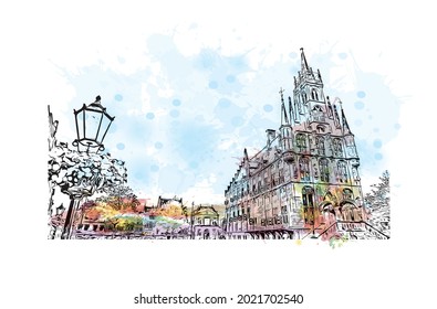 Building view with landmark of Gouda is the 
city in the Netherlands. Watercolor splash with hand drawn sketch illustration in vector.