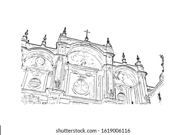 Building view with landmark of Granada is a city in southern Spain’s Andalusia region, in the foothills of the Sierra Nevada mountains. Hand drawn sketch illustration in vector.