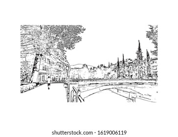 Building view with landmark of Granada is a city in southern Spain’s Andalusia region, in the foothills of the Sierra Nevada mountains. Hand drawn sketch illustration in vector.