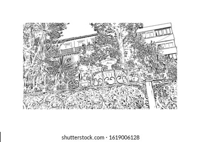 Building view with landmark of Granada is a city in southern Spain’s Andalusia region, in the foothills of the Sierra Nevada mountains. Hand drawn sketch illustration in vector.