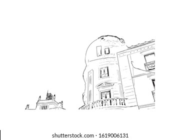 Building view with landmark of Granada is a city in southern Spain’s Andalusia region, in the foothills of the Sierra Nevada mountains. Hand drawn sketch illustration in vector.