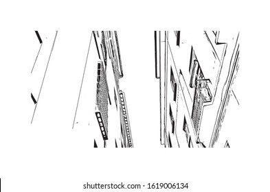 Building view with landmark of Granada is a city in southern Spain’s Andalusia region, in the foothills of the Sierra Nevada mountains. Hand drawn sketch illustration in vector.