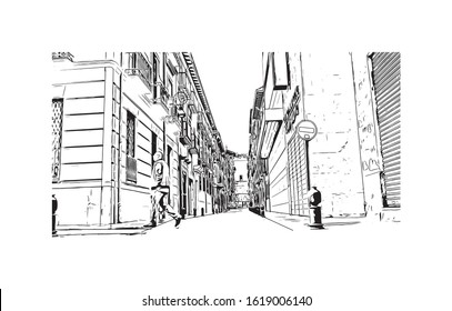 Building view with landmark of Granada is a city in southern Spain’s Andalusia region, in the foothills of the Sierra Nevada mountains. Hand drawn sketch illustration in vector.