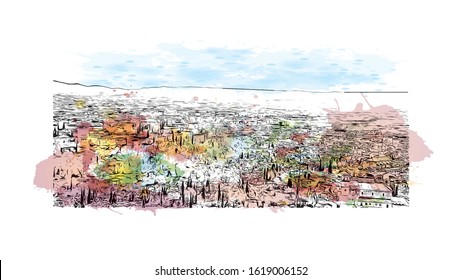 Building view with landmark of Granada is a city in southern Spain’s Andalusia region, in the foothills of the Sierra Nevada mountains. Watercolor splash with Hand drawn sketch illustration in vector.