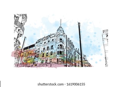 Building view with landmark of Granada is a city in southern Spain’s Andalusia region, in the foothills of the Sierra Nevada mountains. Watercolor splash with Hand drawn sketch illustration in vector.