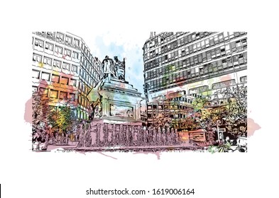 Building view with landmark of Granada is a city in southern Spain’s Andalusia region, in the foothills of the Sierra Nevada mountains. Watercolor splash with Hand drawn sketch illustration in vector.