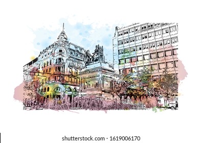 Building view with landmark of Granada is a city in southern Spain’s Andalusia region, in the foothills of the Sierra Nevada mountains. Watercolor splash with Hand drawn sketch illustration in vector.