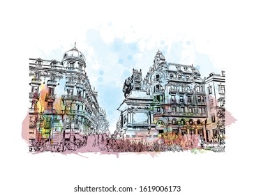 Building view with landmark of Granada is a city in southern Spain’s Andalusia region, in the foothills of the Sierra Nevada mountains. Watercolor splash with Hand drawn sketch illustration in vector.