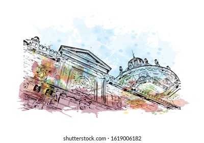 Building view with landmark of Granada is a city in southern Spain’s Andalusia region, in the foothills of the Sierra Nevada mountains. Watercolor splash with Hand drawn sketch illustration in vector.