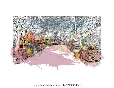 Building view with landmark of Granada is a city in southern Spain’s Andalusia region, in the foothills of the Sierra Nevada mountains. Watercolor splash with Hand drawn sketch illustration in vector.