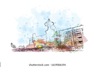 Building view with landmark of Granada is a city in southern Spain’s Andalusia region, in the foothills of the Sierra Nevada mountains. Watercolor splash with Hand drawn sketch illustration in vector.