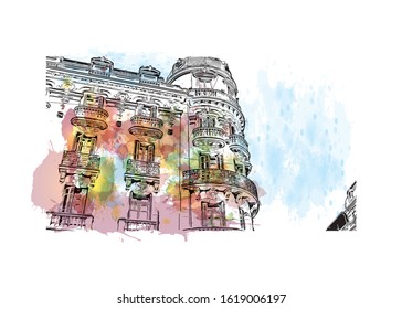 Building view with landmark of Granada is a city in southern Spain’s Andalusia region, in the foothills of the Sierra Nevada mountains. Watercolor splash with Hand drawn sketch illustration in vector.