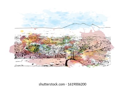 Building view with landmark of Granada is a city in southern Spain’s Andalusia region, in the foothills of the Sierra Nevada mountains. Watercolor splash with Hand drawn sketch illustration in vector.