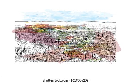 Building view with landmark of Granada is a city in southern Spain’s Andalusia region, in the foothills of the Sierra Nevada mountains. Watercolor splash with Hand drawn sketch illustration in vector.