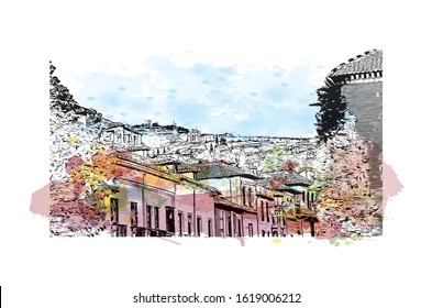 Building view with landmark of Granada is a city in southern Spain’s Andalusia region, in the foothills of the Sierra Nevada mountains. Watercolor splash with Hand drawn sketch illustration in vector.