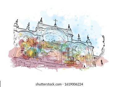 Building view with landmark of Granada is a city in southern Spain’s Andalusia region, in the foothills of the Sierra Nevada mountains. Watercolor splash with Hand drawn sketch illustration in vector.