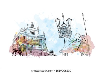 Building view with landmark of Granada is a city in southern Spain’s Andalusia region, in the foothills of the Sierra Nevada mountains. Watercolor splash with Hand drawn sketch illustration in vector.