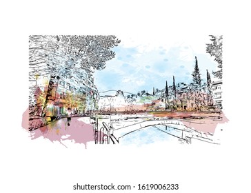 Building view with landmark of Granada is a city in southern Spain’s Andalusia region, in the foothills of the Sierra Nevada mountains. Watercolor splash with Hand drawn sketch illustration in vector.