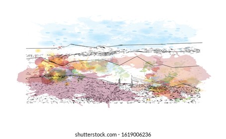 Building view with landmark of Granada is a city in southern Spain’s Andalusia region, in the foothills of the Sierra Nevada mountains. Watercolor splash with Hand drawn sketch illustration in vector.