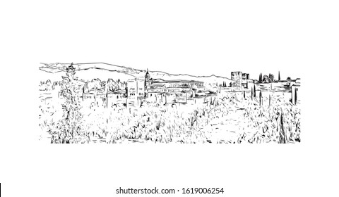 Building view with landmark of Granada is a city in southern Spain’s Andalusia region, in the foothills of the Sierra Nevada mountains. Hand drawn sketch illustration in vector.