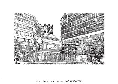 Building view with landmark of Granada is a city in southern Spain’s Andalusia region, in the foothills of the Sierra Nevada mountains. Hand drawn sketch illustration in vector.