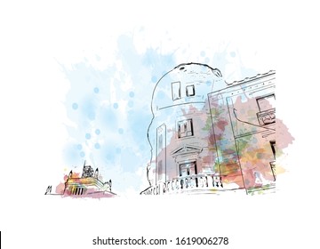 Building view with landmark of Granada is a city in southern Spain’s Andalusia region, in the foothills of the Sierra Nevada mountains. Watercolor splash with Hand drawn sketch illustration in vector.