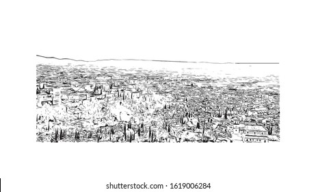 Building view with landmark of Granada is a city in southern Spain’s Andalusia region, in the foothills of the Sierra Nevada mountains. Hand drawn sketch illustration in vector.