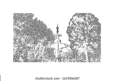 Building view with landmark of Granada is a city in southern Spain’s Andalusia region, in the foothills of the Sierra Nevada mountains. Hand drawn sketch illustration in vector.