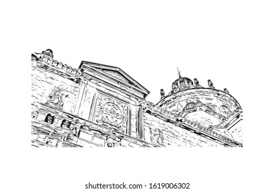 Building view with landmark of Granada is a city in southern Spain’s Andalusia region, in the foothills of the Sierra Nevada mountains. Hand drawn sketch illustration in vector.