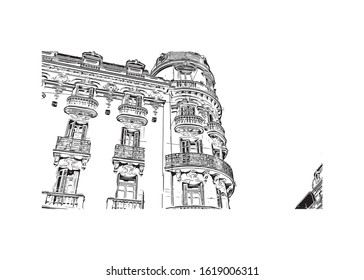 Building view with landmark of Granada is a city in southern Spain’s Andalusia region, in the foothills of the Sierra Nevada mountains. Hand drawn sketch illustration in vector.