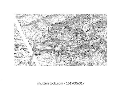 Building view with landmark of Granada is a city in southern Spain’s Andalusia region, in the foothills of the Sierra Nevada mountains. Hand drawn sketch illustration in vector.