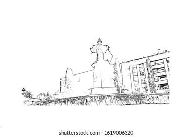 Building view with landmark of Granada is a city in southern Spain’s Andalusia region, in the foothills of the Sierra Nevada mountains. Hand drawn sketch illustration in vector.