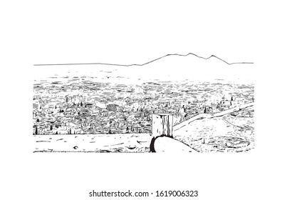 Building view with landmark of Granada is a city in southern Spain’s Andalusia region, in the foothills of the Sierra Nevada mountains. Hand drawn sketch illustration in vector.