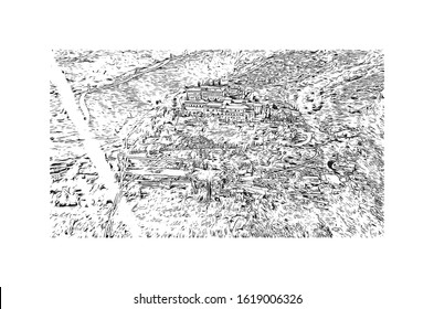 Building view with landmark of Granada is a city in southern Spain’s Andalusia region, in the foothills of the Sierra Nevada mountains. Hand drawn sketch illustration in vector.