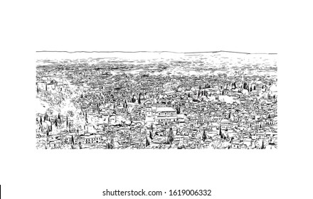 Building view with landmark of Granada is a city in southern Spain’s Andalusia region, in the foothills of the Sierra Nevada mountains. Hand drawn sketch illustration in vector.