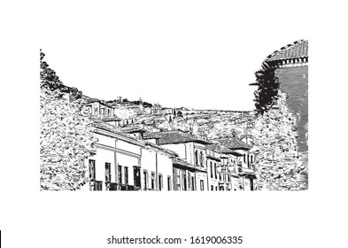 Building view with landmark of Granada is a city in southern Spain’s Andalusia region, in the foothills of the Sierra Nevada mountains. Hand drawn sketch illustration in vector.