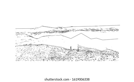 Building view with landmark of Granada is a city in southern Spain’s Andalusia region, in the foothills of the Sierra Nevada mountains. Hand drawn sketch illustration in vector.