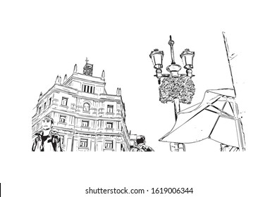 Building view with landmark of Granada is a city in southern Spain’s Andalusia region, in the foothills of the Sierra Nevada mountains. Hand drawn sketch illustration in vector.