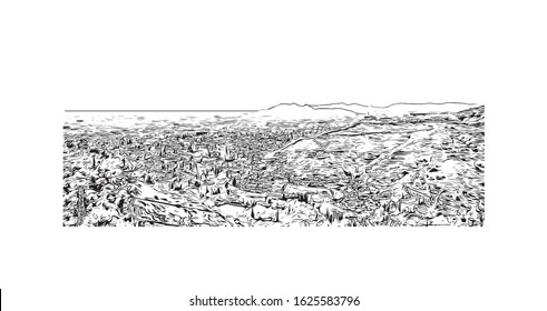 Building view with landmark of Granada is a city in southern Spain’s Andalusia region, in the foothills of the Sierra Nevada mountains. Hand drawn sketch illustration in vector.