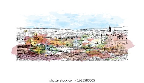 Building view with landmark of Granada is a city in southern Spain’s Andalusia region, in the foothills of the Sierra Nevada mountains. Watercolor splash with Hand drawn sketch illustration in vector.